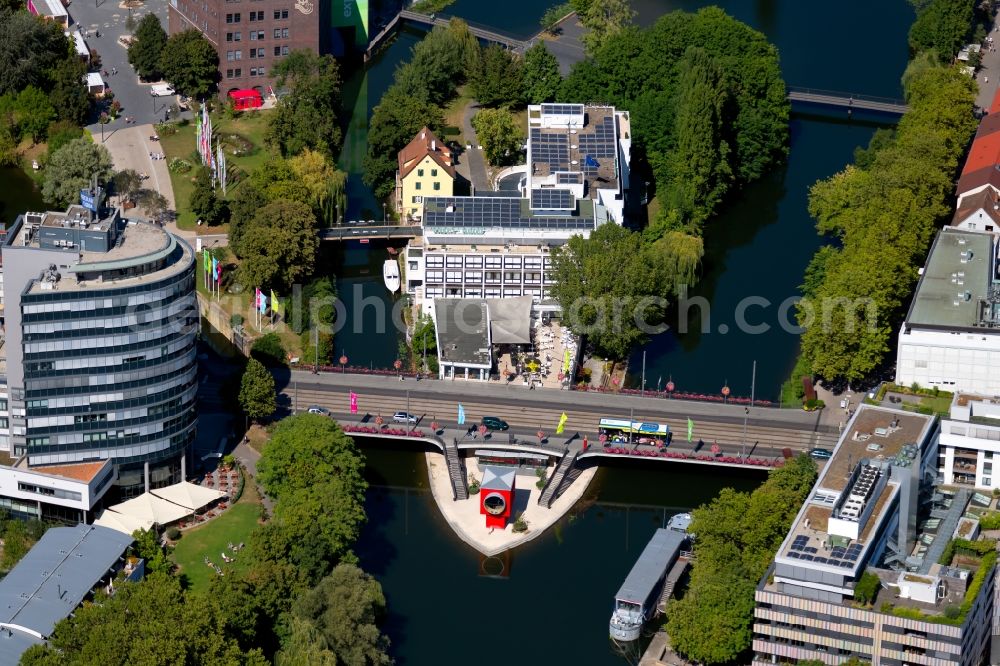 Heilbronn from above - Complex of the hotel building of the Insel-Hotel on the course of the river Neckar at the Willy - Mayer - Bruecke in Heilbronn in the state Baden-Wurttemberg, Germany