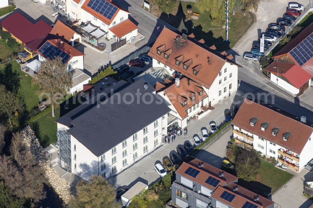 Marzling from above - Complex of the hotel building of Landgasthof Nagerl GmbH in of Bahnhofstrasse in Marzling in the state Bavaria, Germany