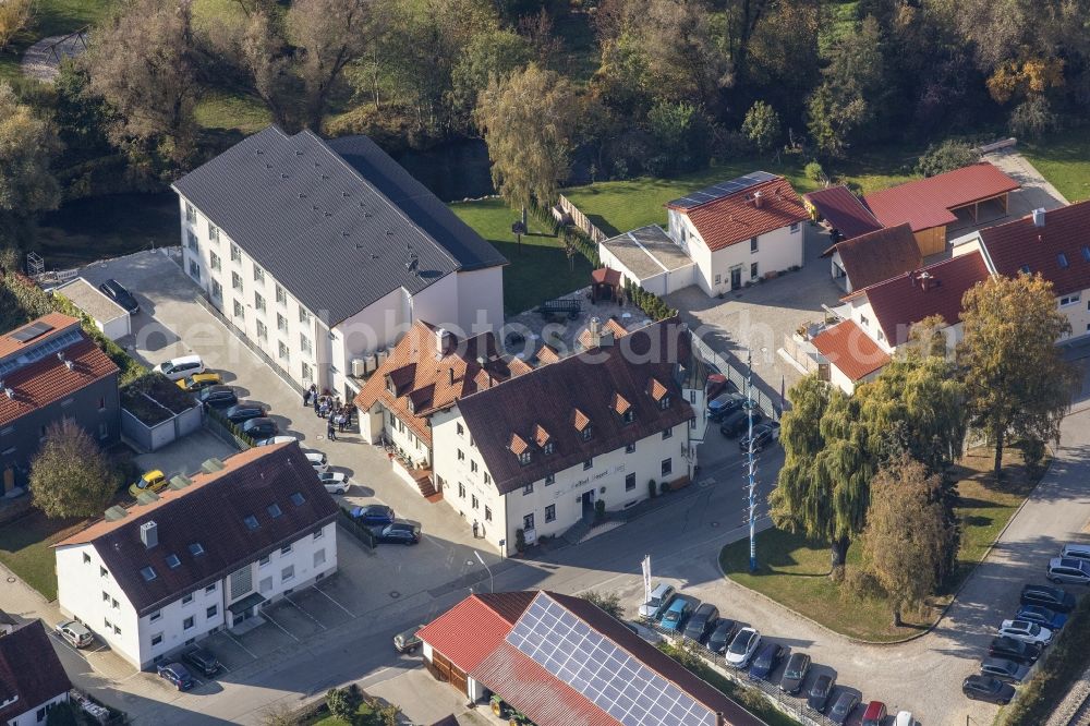 Marzling from the bird's eye view: Complex of the hotel building of Landgasthof Nagerl GmbH in of Bahnhofstrasse in Marzling in the state Bavaria, Germany