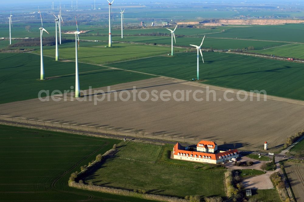 Wettin-Löbejün from above - Complex of the hotel building Landgasthof Sattelhof in the district Nauendorf in Wettin-Loebejuen in the state Saxony-Anhalt, Germany