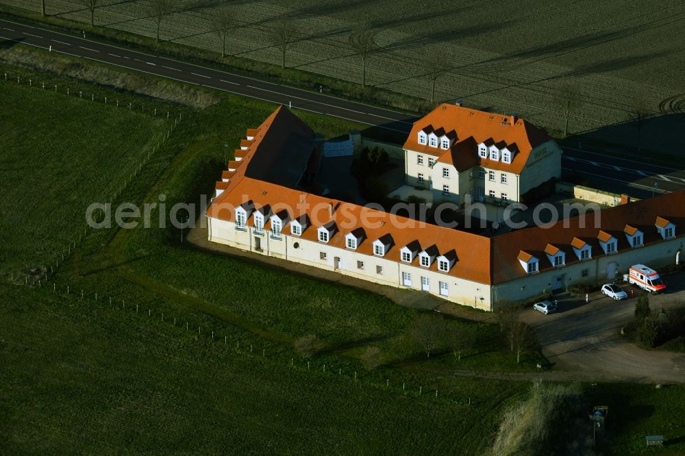 Aerial image Wettin-Löbejün - Complex of the hotel building Landgasthof Sattelhof in the district Nauendorf in Wettin-Loebejuen in the state Saxony-Anhalt, Germany