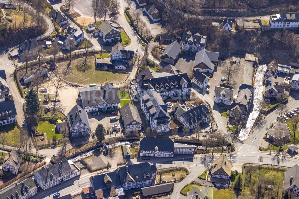 Oberkirchen from above - Complex of the hotel building Landhotel Gasthof Schuette in Oberkirchen at Sauerland in the state North Rhine-Westphalia, Germany