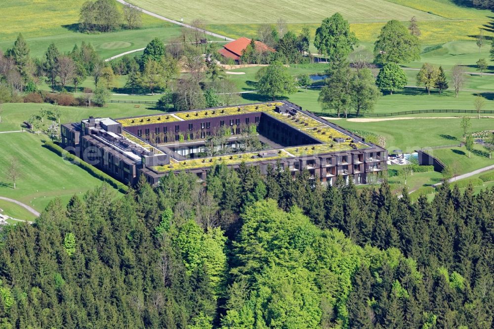 Waakirchen from above - Complex of the hotel building Golf & Country Club Hotel Margarethenhof on Gut Steinberg in Waakirchen in the state Bavaria, Germany