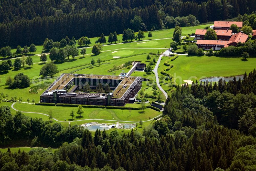 Waakirchen from above - Complex of the hotel building Golf & Country Club Hotel Margarethenhof on Gut Steinberg in Waakirchen in the state Bavaria, Germany