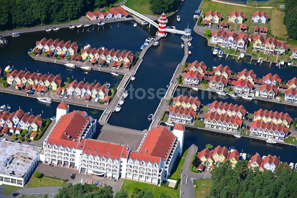 Rheinsberg from above - Building complex of the hotel complex Maritim Hafenhotel Rheinsberg in Rheinsberg on the bank of the Rheinsberg lake in the state of Brandenburg, Germany