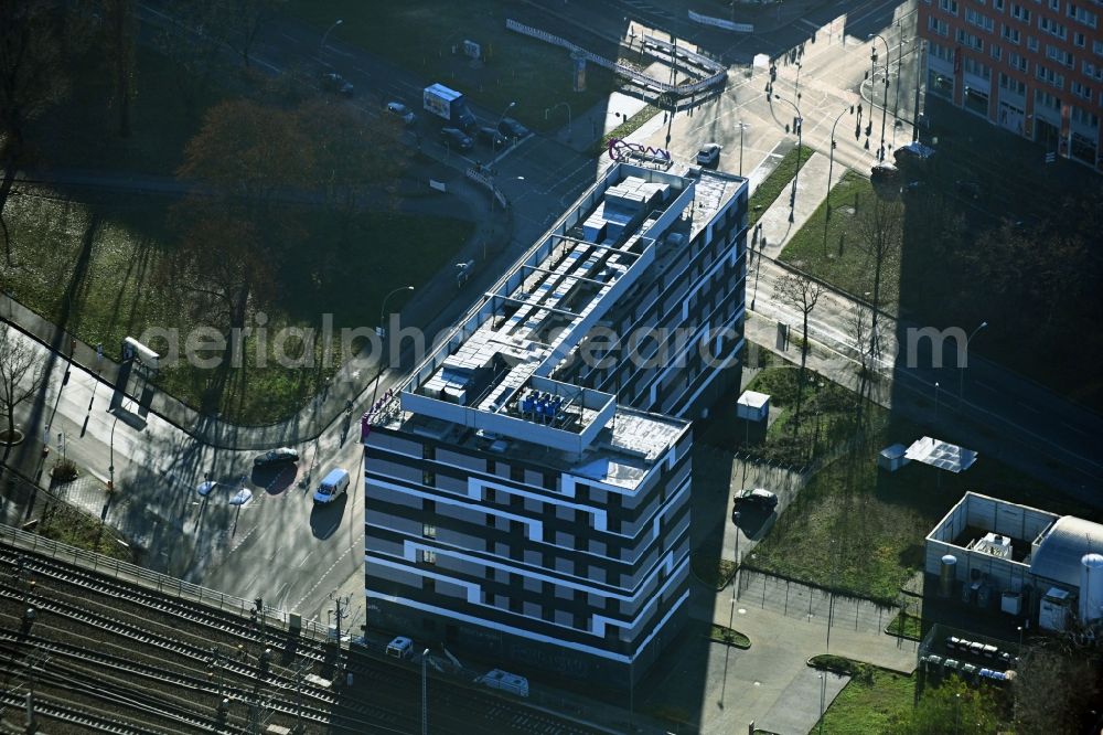 Berlin from the bird's eye view: Complex of the hotel building of the Moxy Berlin Ostbahnhof in the Andreasstrasse in the district Friedrichshain-Kreuzberg in Berlin, Germany