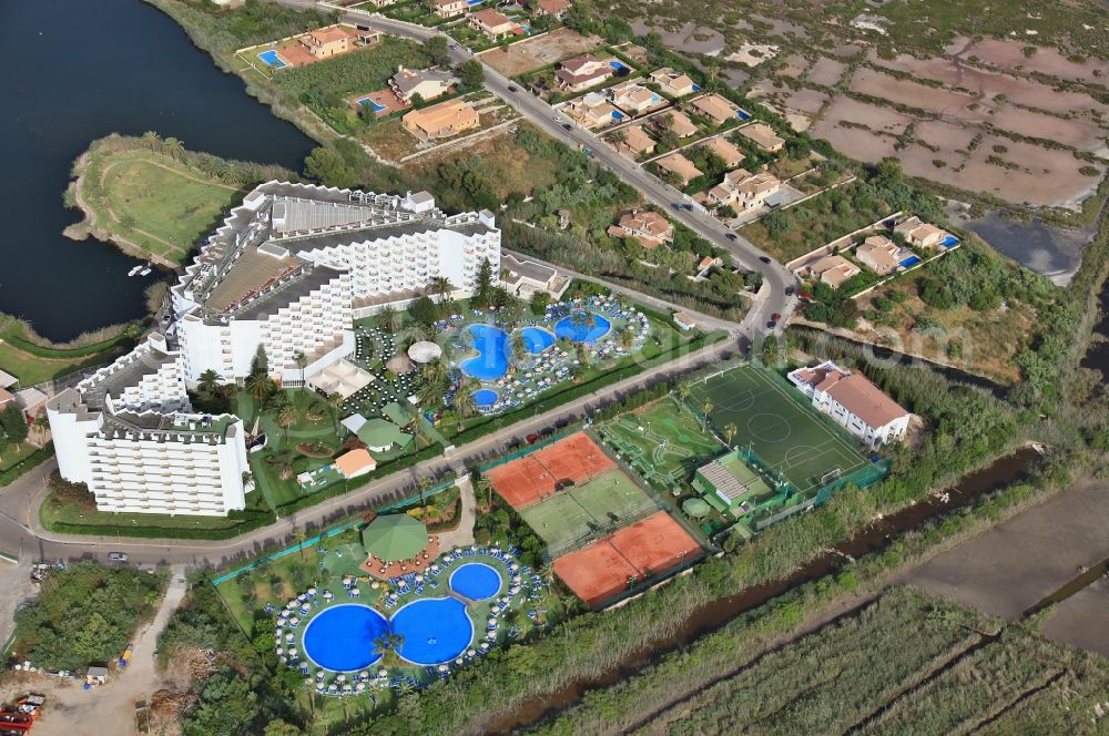 Aerial photograph Muro - Complex of a hotel building in the nature reserve s'Albufera in Muro in Mallorca in Balearic Islands, Spain