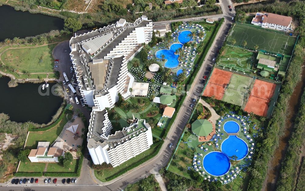 Muro from above - Complex of a hotel building in the nature reserve s'Albufera in Muro in Mallorca in Balearic Islands, Spain