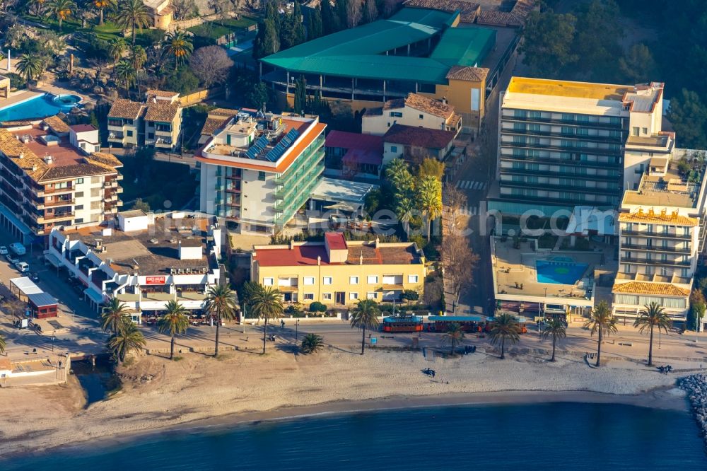 Port de Soller from the bird's eye view: Complex of the hotel building on Passeig Es Traves in Soller in Balearic island of Mallorca, Spain