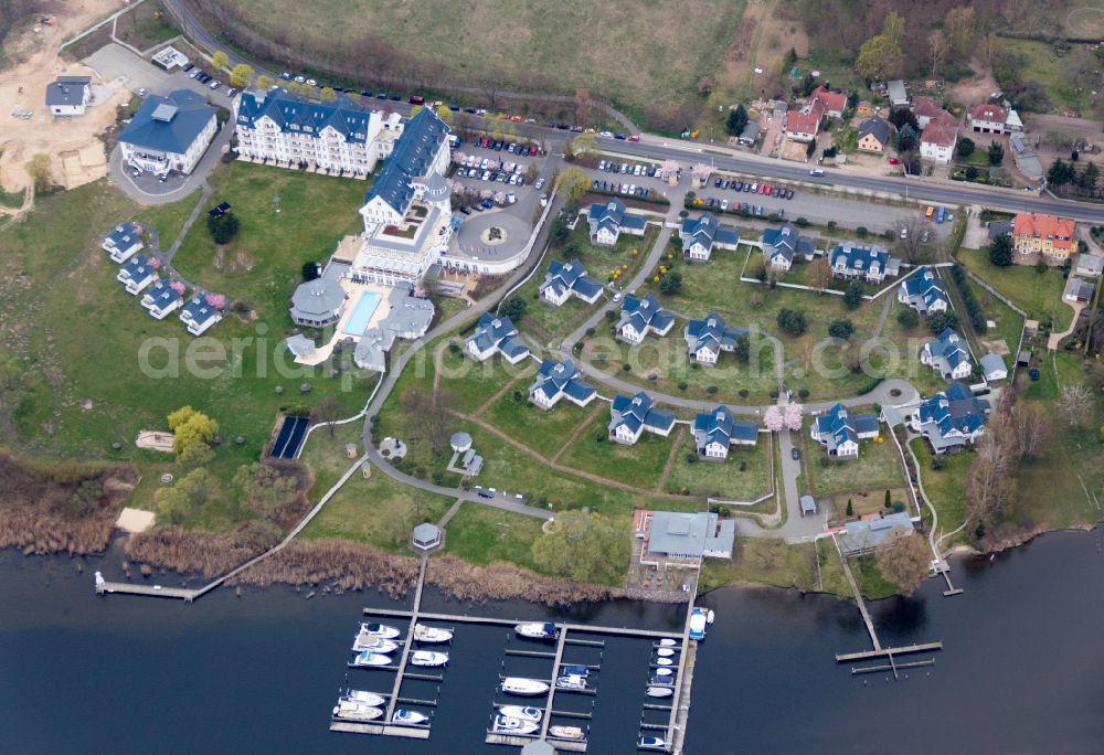 Werder (Havel) from above - Complex of the hotel building Precise Resort Schwielowsee Am Schwielowsee in the district Petzow in Werder (Havel) in the state Brandenburg, Germany