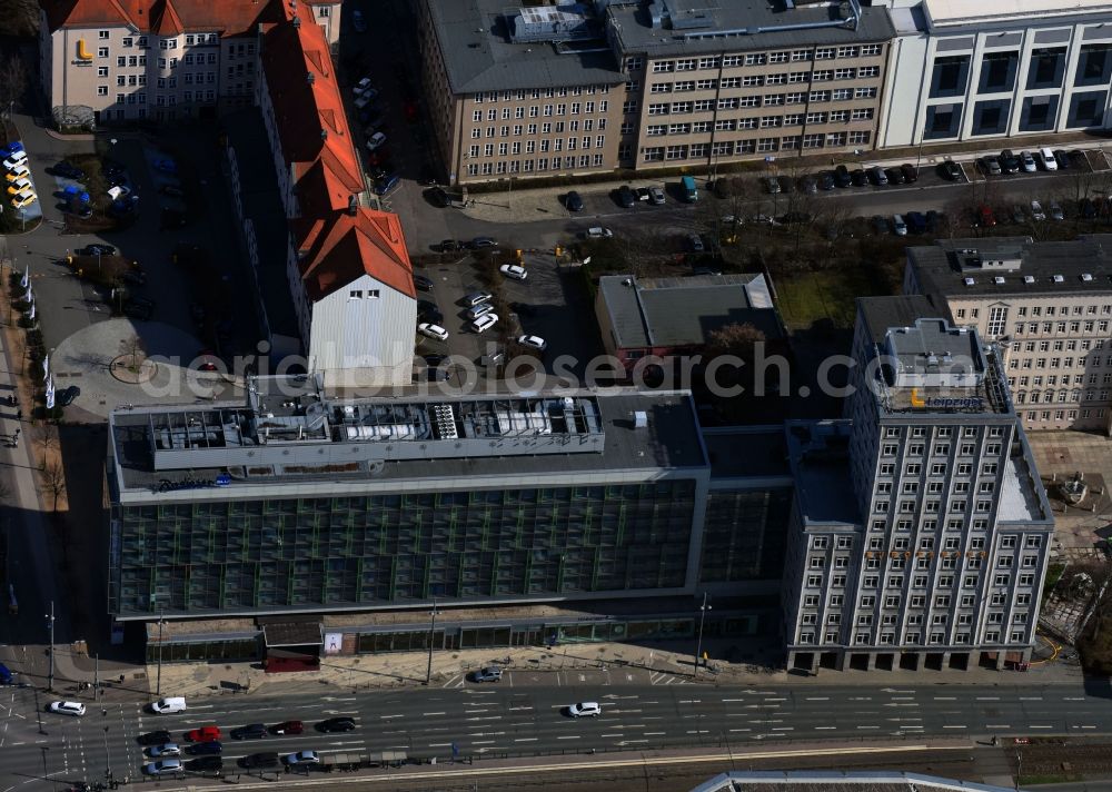 Aerial image Leipzig - Complex of the hotel building Radisson Blu on Augustusplatz in the district Mitte in Leipzig in the state Saxony