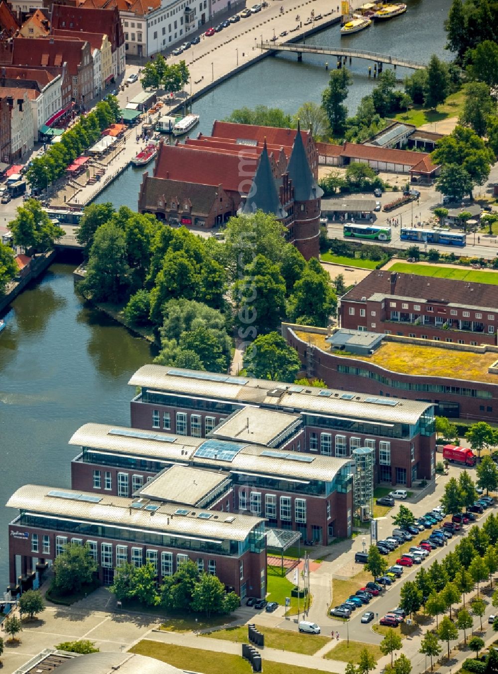 Lübeck from above - Complex of the hotel building Radisson Blu in Luebeck in the state Schleswig-Holstein