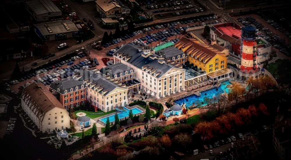 Rust from the bird's eye view: Complex of the hotel building Resort Bell Rock in Europa-Park in Rust in the state Baden-Wurttemberg, Germany