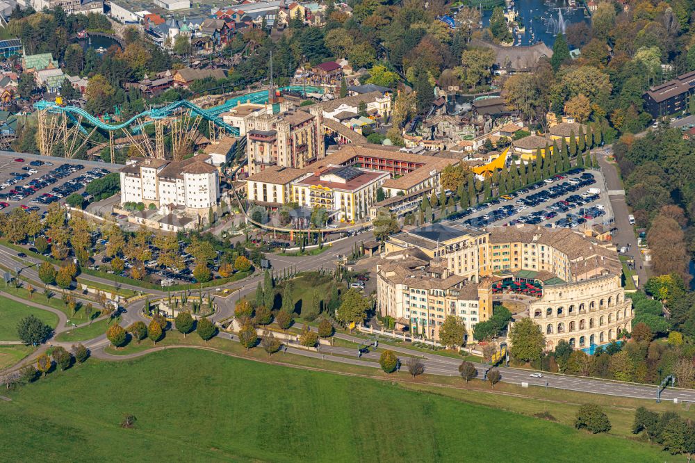 Rust from above - Complex of the hotel building Resort Colosseo in Europa-Park in Rust in the state Baden-Wuerttemberg, Germany