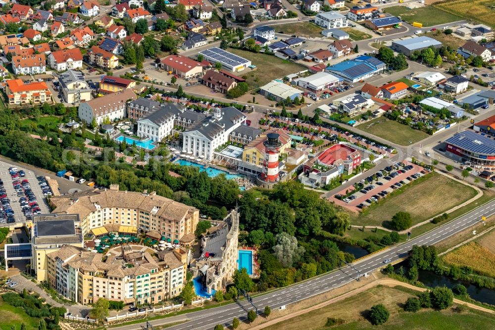 Rust from the bird's eye view: Complex of the hotel building Resort Colosseo in Europa-Park in Rust in the state Baden-Wurttemberg, Germany