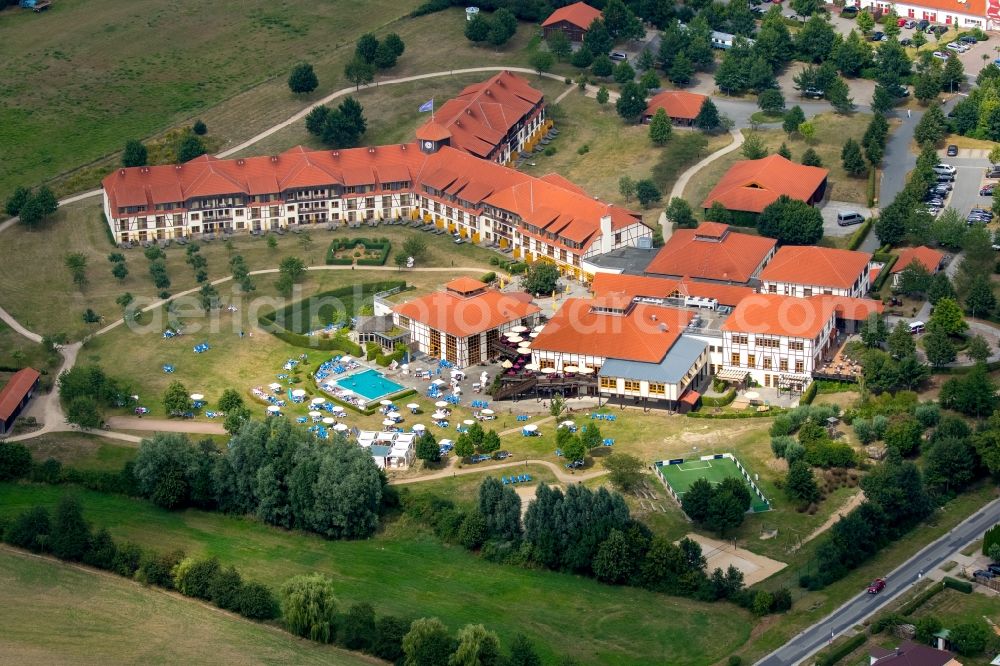 Göhren-Lebbin from the bird's eye view: Complex of the hotel building Robinson Club Fleesensee in Goehren-Lebbin in the state of Mecklenburg - Western Pomerania