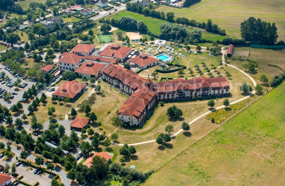 Göhren-Lebbin from the bird's eye view: Complex of the hotel building Robinson Club Fleesensee in Goehren-Lebbin in the state of Mecklenburg - Western Pomerania