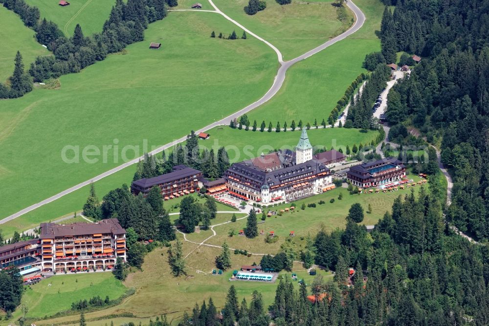 Aerial photograph Krün - Complex of the hotel building Elmau in Kruen in the state Bavaria, Germany