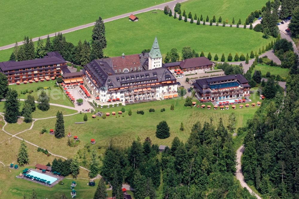 Krün from above - Complex of the hotel building Elmau in Kruen in the state Bavaria, Germany