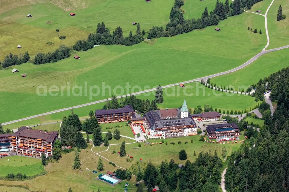 Krün from the bird's eye view: Complex of the hotel building Elmau in Kruen in the state Bavaria, Germany