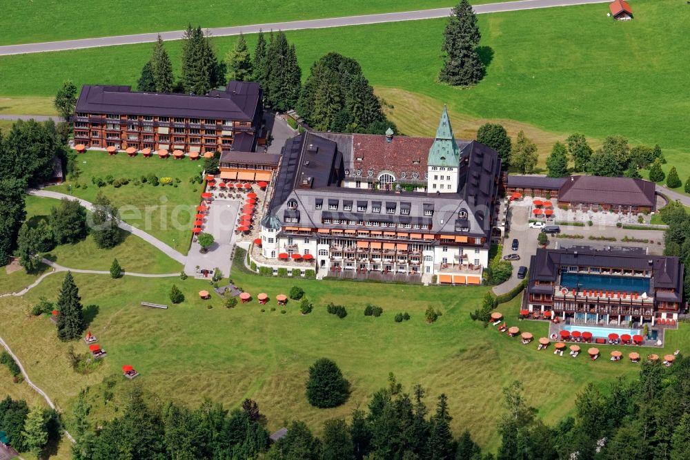 Aerial image Krün - Complex of the hotel building Elmau in Kruen in the state Bavaria, Germany