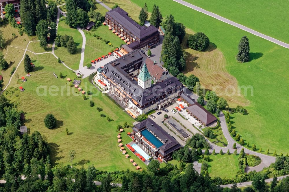 Aerial photograph Krün - Complex of the hotel building Elmau in Kruen in the state Bavaria, Germany