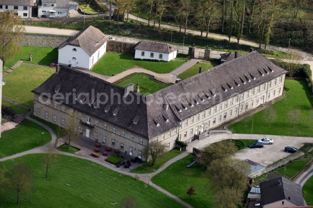 Brakel from above - Complex of the hotel building Schloss Gehrden an der Schlossstrasse in Brakel in the state North Rhine-Westphalia