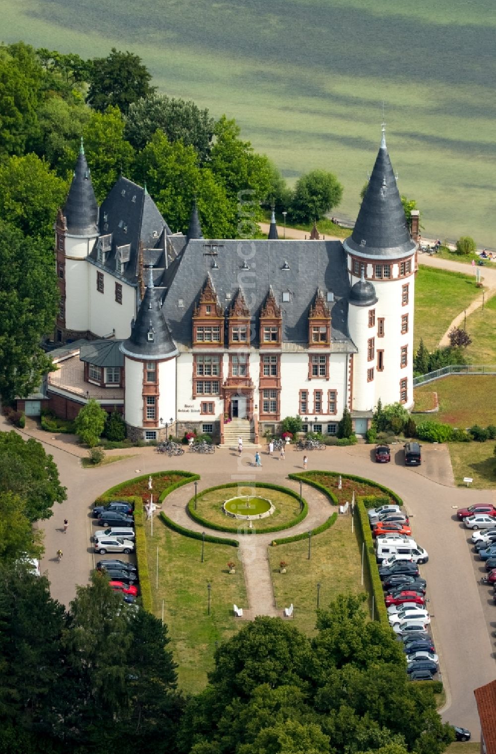 Klink from above - Building complex of the resort castle Klink with the restaurant Ritter Artus Keller at the Mueritz in Klink in Mecklenburg-Vorpommern