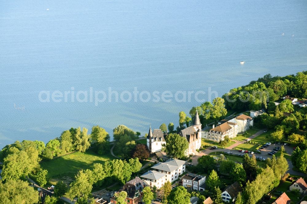 Klink from above - Building complex of the resort castle Klink with the restaurant Ritter Artus Keller at the Mueritz in Klink in Mecklenburg-Vorpommern