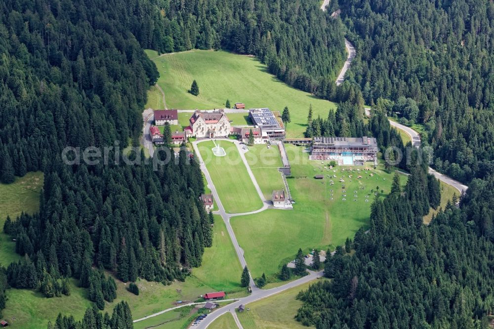 Aerial image Krün - Complex of the hotel building Kranzbach in Kruen in the state Bavaria, Germany