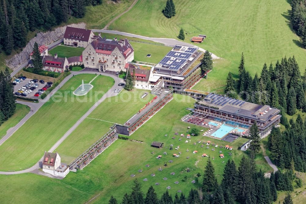 Krün from the bird's eye view: Complex of the hotel building Kranzbach in Kruen in the state Bavaria, Germany