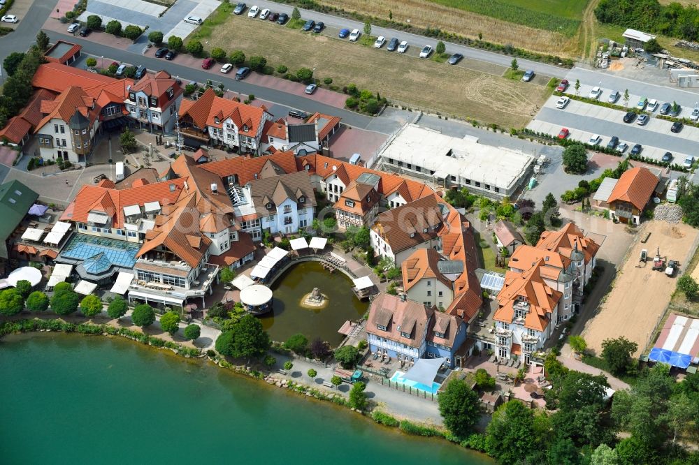 Niedernberg from above - Complex of the hotel building Seehotel on Badesee in Niedernberg in the state Bavaria, Germany