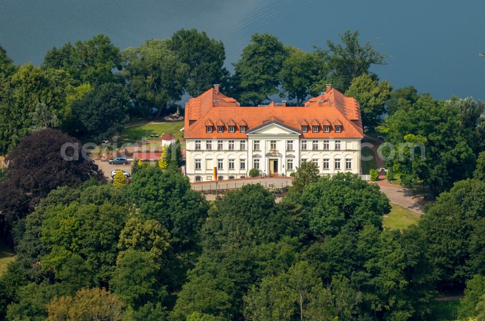 Schorssow from above - Complex of the hotel building Seeschloss Schorssow at Haussee in Schorssow in the state Mecklenburg - Western Pomerania