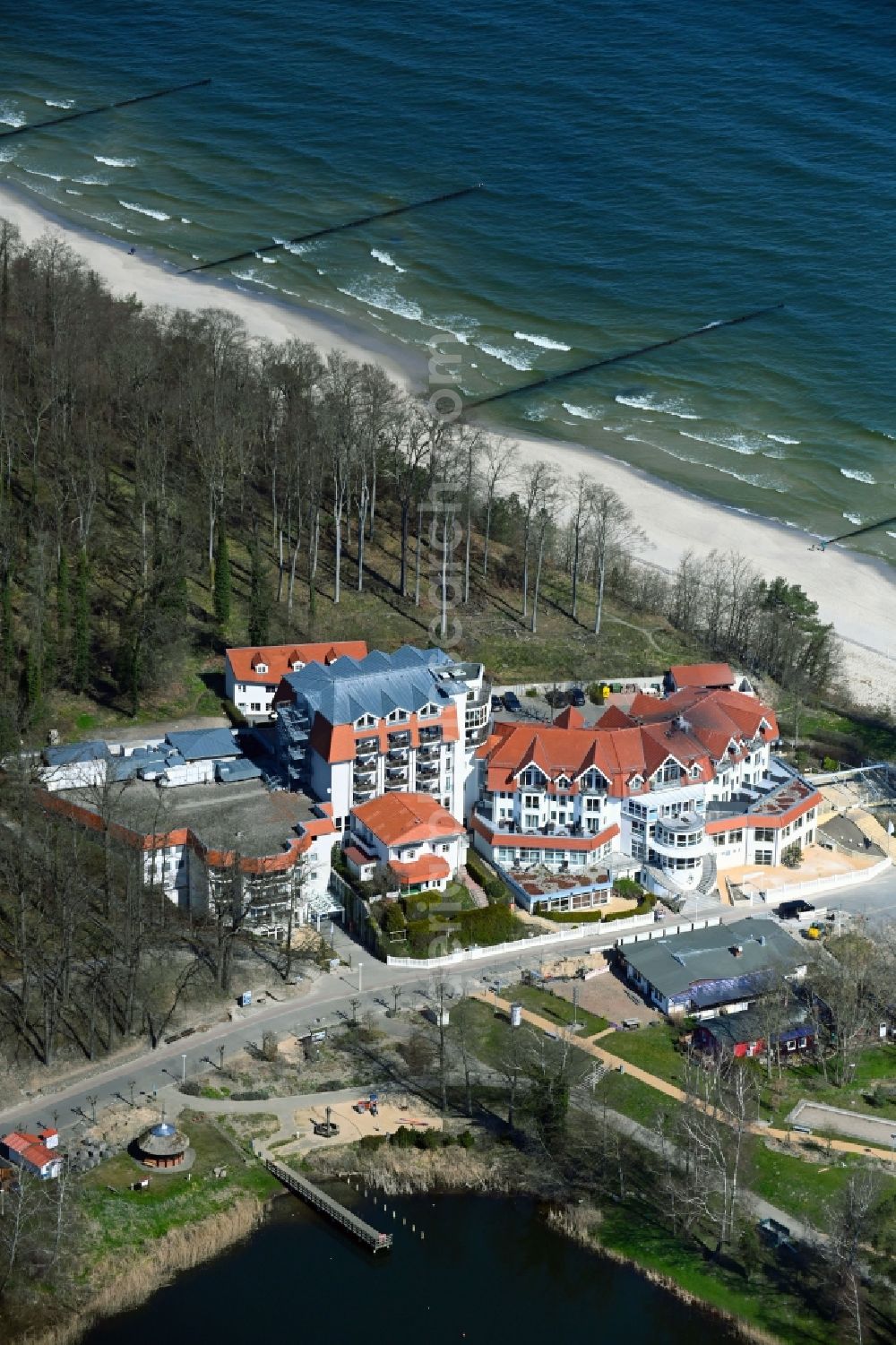 Kölpinsee from above - Complex of the hotel building Strandhotel Seerose in Koelpinsee on the island of Usedom in the state Mecklenburg - Western Pomerania, Germany