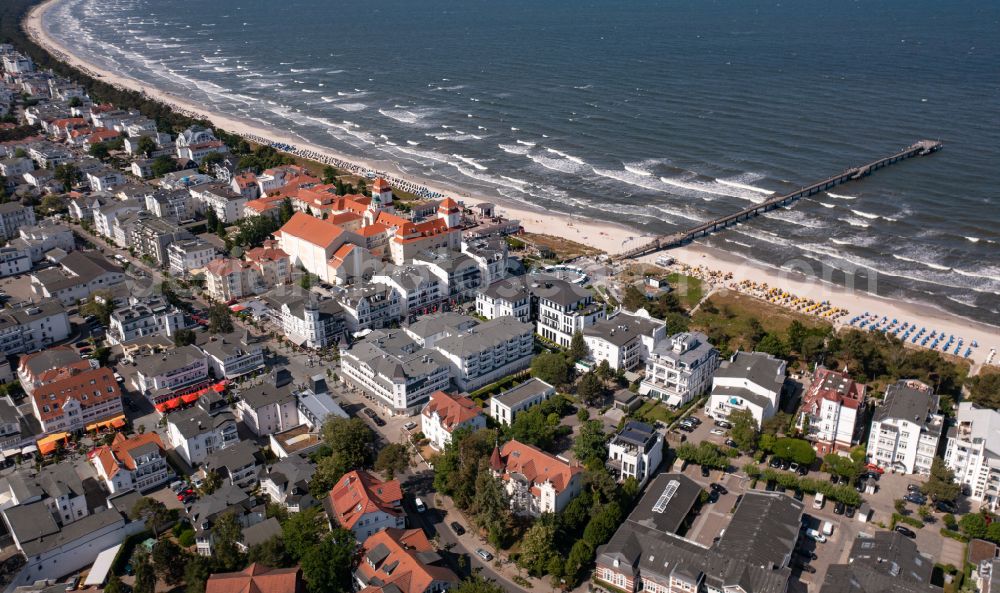 Binz from above - Complex of the hotel building Travel Charme Kurhaus Binz on Strandpromenade in Binz in the state Mecklenburg - Western Pomerania