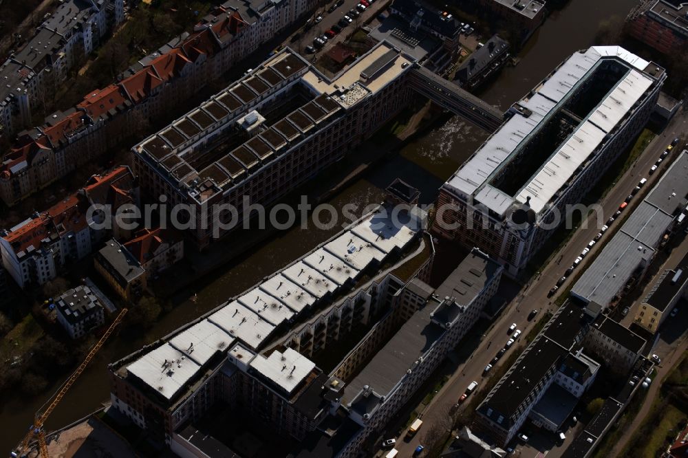 Leipzig from above - Complex of the hotel building TRINOM Business Apartments, Elster Lofts on Nonnenstrasse in the district Plagwitz in Leipzig in the state Saxony