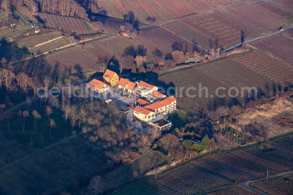 Rhodt unter Rietburg from the bird's eye view: Complex of the hotel building Wohlfuehlhotel Alte Rebschule and Gasthaus Sesel in Rhodt unter Rietburg in the state Rhineland-Palatinate, Germany