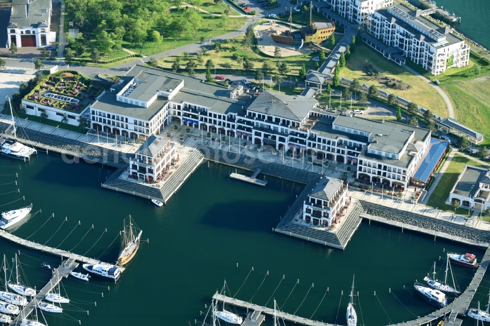 Warnemünde from above - Complex of buildings of the hotel arrangement Yacht harbour residence high dune in Warnemuende in the federal state Mecklenburg-West Pomerania, Germany