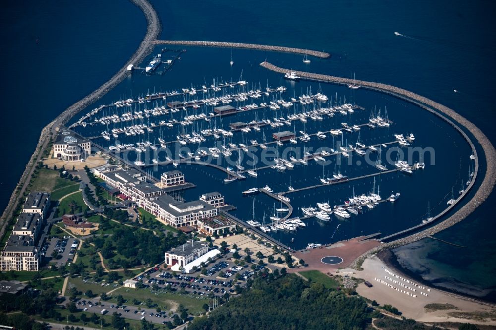 Rostock from above - Complex of buildings of the hotel arrangement Yacht harbour residence high dune in Rostock Warnemuende in the federal state Mecklenburg-West Pomerania, Germany