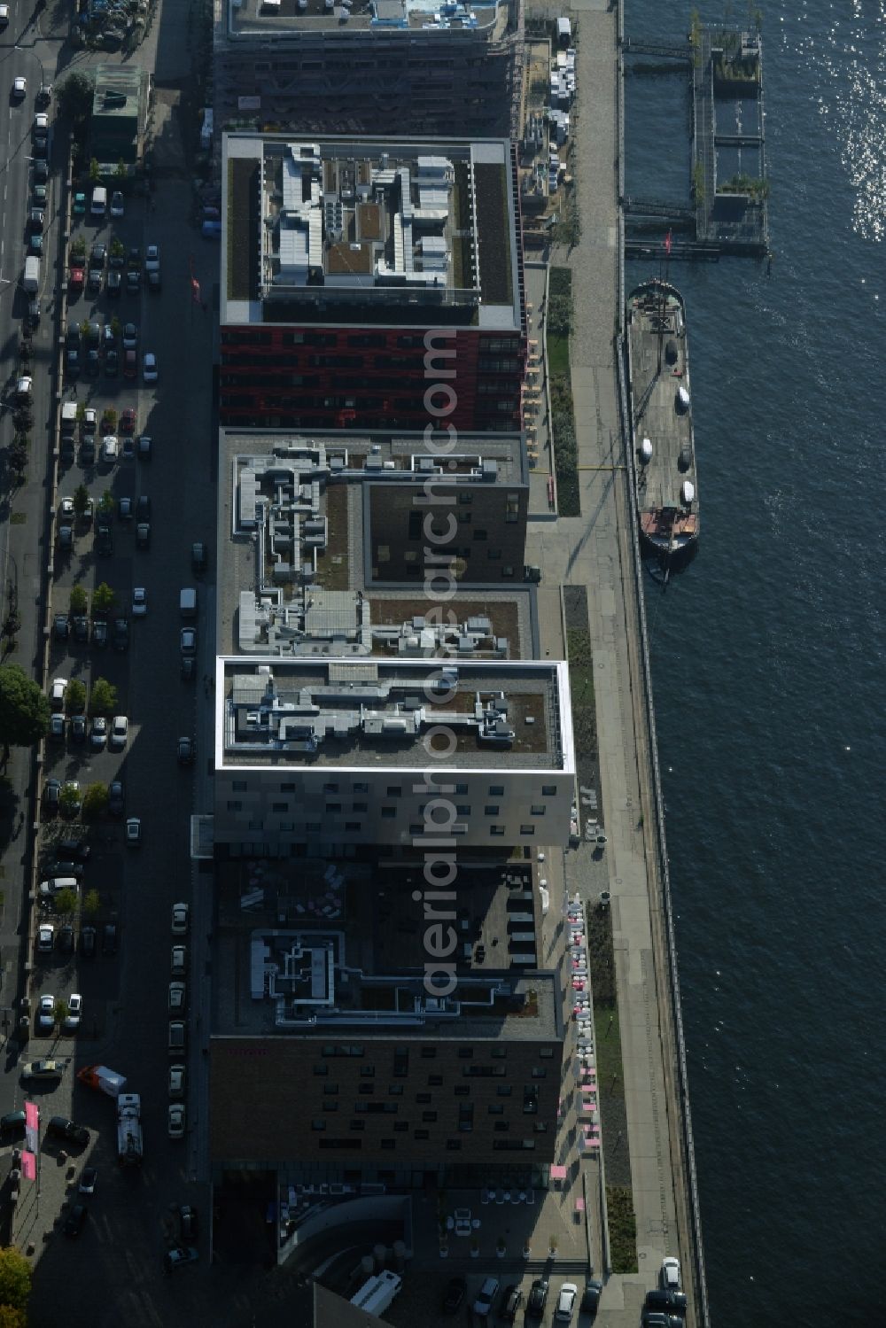 Berlin from the bird's eye view: Complex of the hotel building nhow Berlin on the riverbank of the Spree in the Friedrichshain part of Berlin in Germany