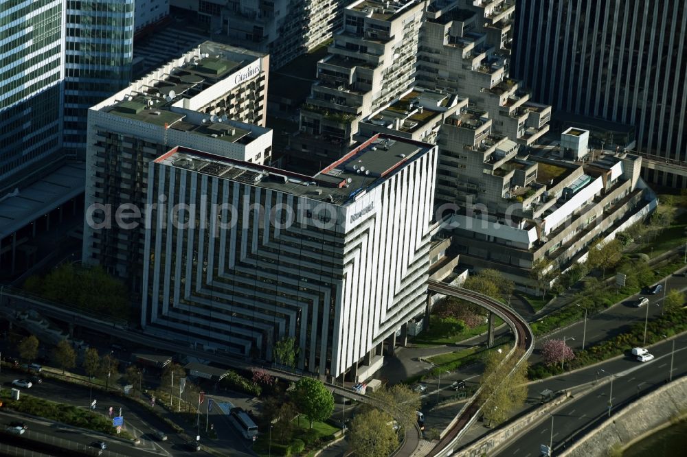 Aerial image Paris - Hotel buildings on the Eastern edge of the highrise and business quarter La Defense in Paris in Ile-de-France, France