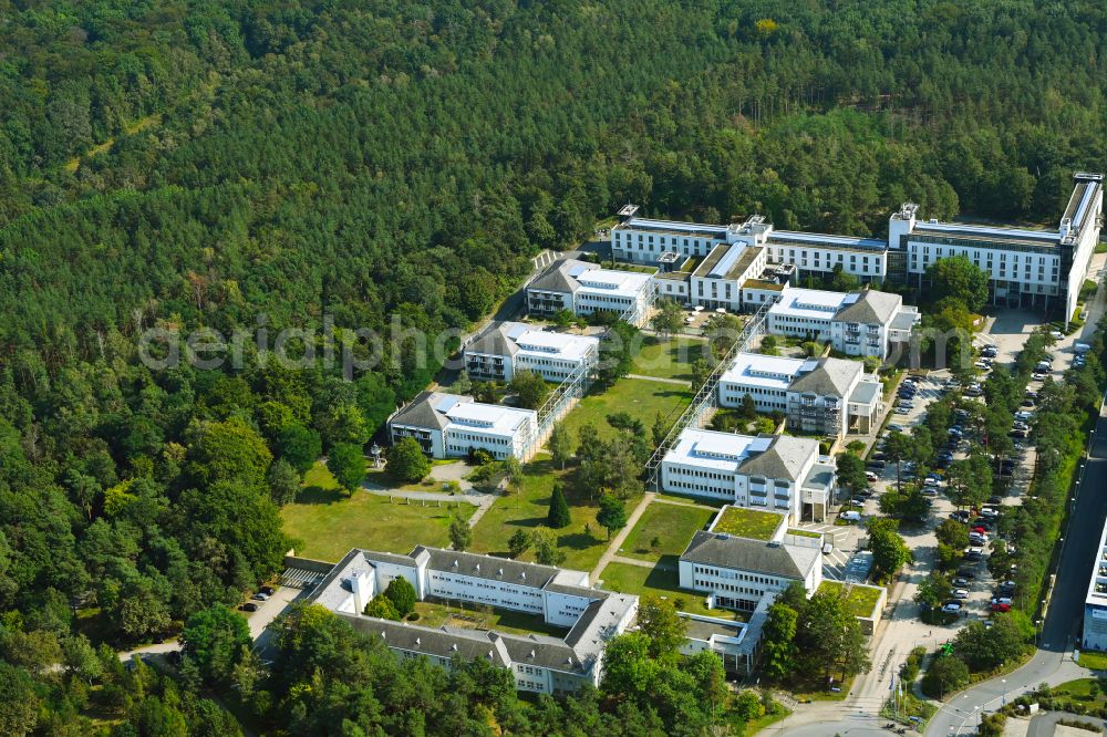 Dresden from above - Building complex of the Institute fuer Arbeit and Gesandheit of Deutschen Gesetzlichen Unfallversicherung (IAG) in the district Klotzsche in Dresden in the state Saxony, Germany