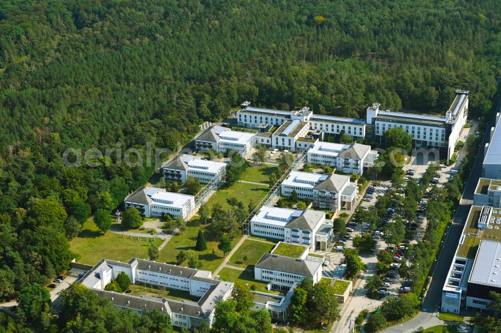 Dresden from the bird's eye view: Building complex of the Institute fuer Arbeit and Gesandheit of Deutschen Gesetzlichen Unfallversicherung (IAG) in the district Klotzsche in Dresden in the state Saxony, Germany