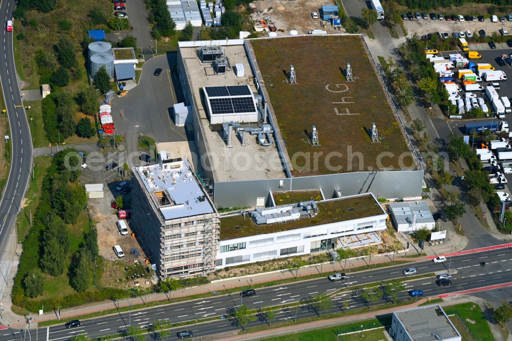 Dresden from above - Extension of new building site at the building complex of the institute Fraunhofer Institute for Photonic Microsystems (IPMS) - Center Nanoelectronic Technologies (CNT) on street An der Bartlake in the district Hellerau in Dresden in the state Saxony, Germany