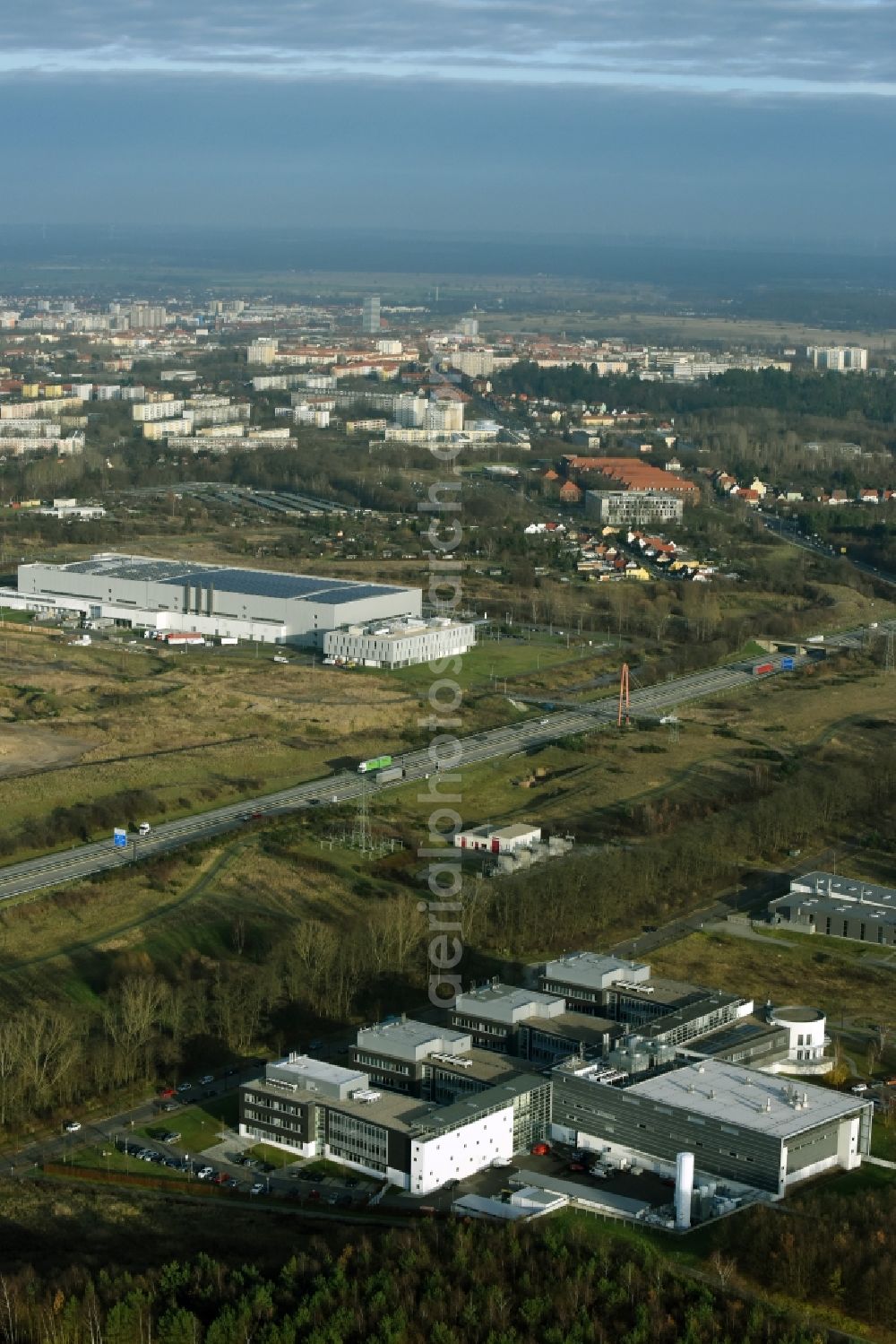 Aerial photograph Frankfurt (Oder) - Building complex of the Institute IHP GmbH Innovations for High Performance Microelectronics Im Technologiepark in Frankfurt (Oder) in the state Brandenburg