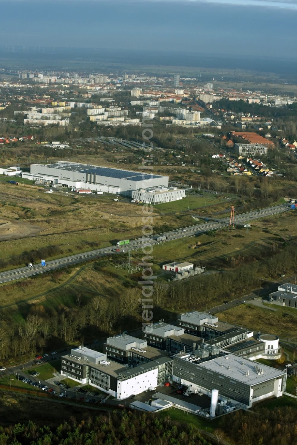 Frankfurt (Oder) from above - Building complex of the Institute IHP GmbH Innovations for High Performance Microelectronics Im Technologiepark in Frankfurt (Oder) in the state Brandenburg