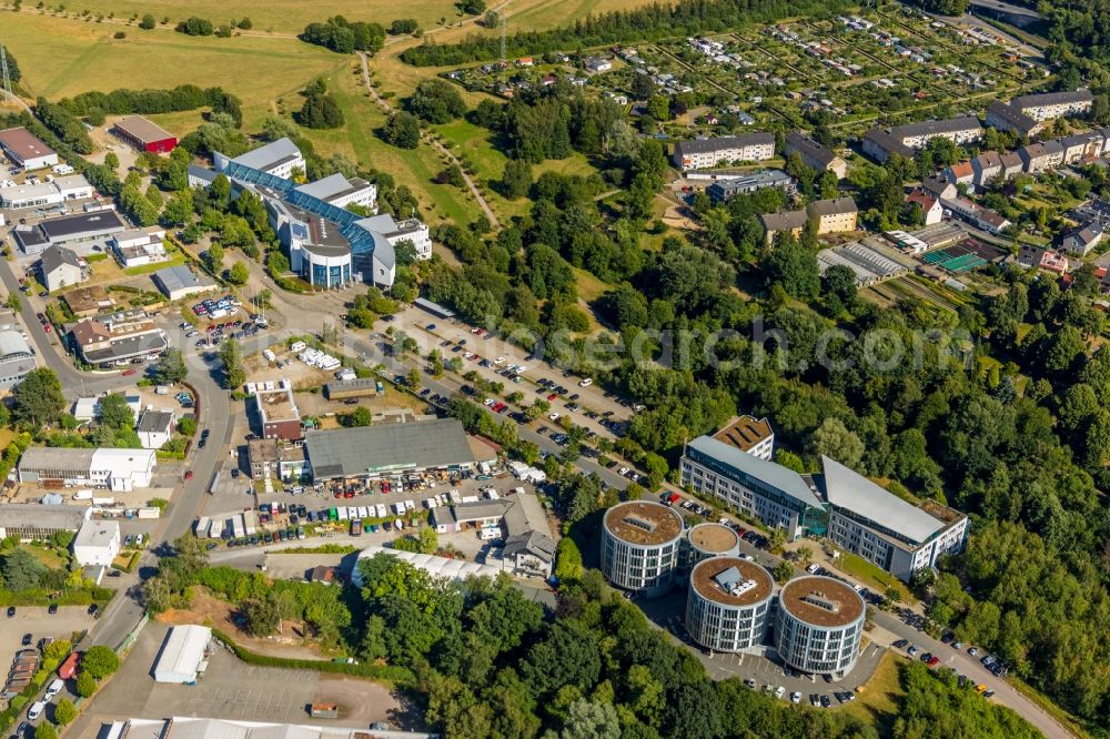 Witten from above - Building complex of the Institute ZBZ Witten GmbH on Alfred-Herrhausen-Strasse overlooking the campus buildings of the Wolfgang Gerbere University of Witten / Herdecke in Witten in the state North Rhine-Westphalia, Germany