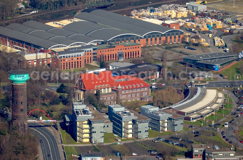 Oberhausen from above - Building complex of the Institute of Technology Center TZU Environmental Management GmbH in Oberhausen in North Rhine-Westphalia. In the background, the production facilities of packaging service provider Deufol SE