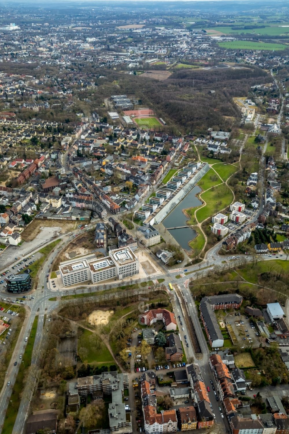 Gelsenkirchen from the bird's eye view: Building complex of the new center of Justice of Gelsenkirchen in the state of North Rhine-Westphalia