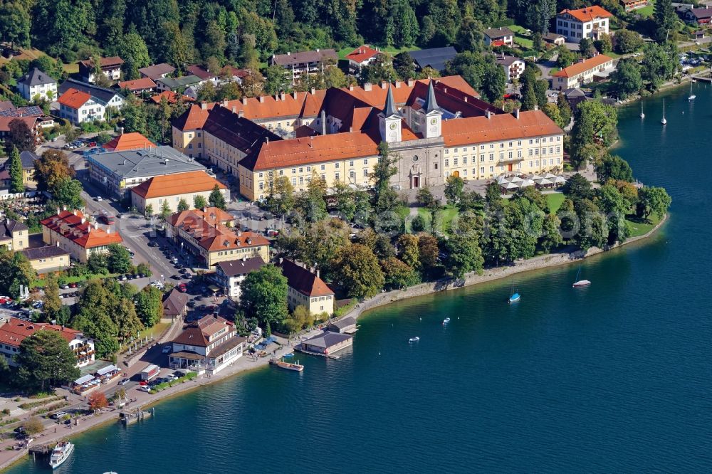 Aerial photograph Tegernsee - The building complex of the monastery Tegernsee in the district of Miesbach in the state of Bavaria. The former Benedictine monastery also houses the brewery Herzoglich Bavarian Brauhaus Tegernsee, the gastronomic enterprise Herzogliches Braeustueberl and the Gymnasium